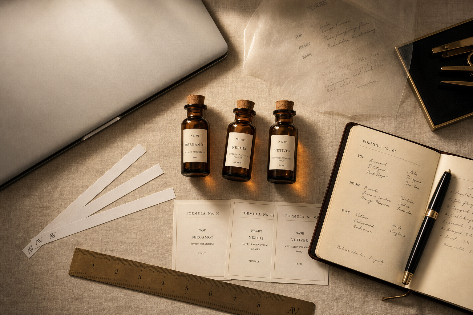 ROAMERA LTD composition desk — formula cards, glass vials and planning materials representing AI solution methodology