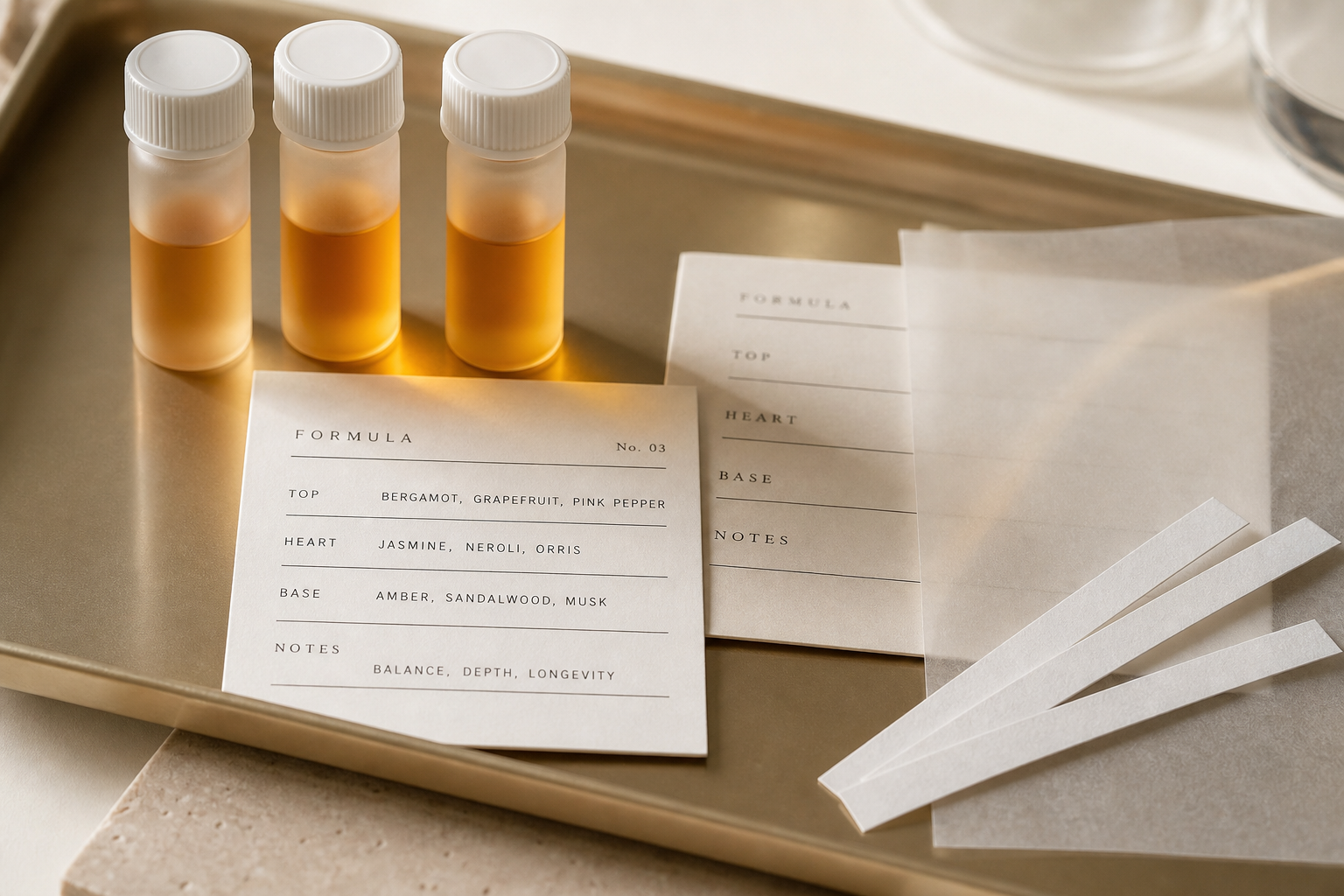 ROAMERA LTD composition standard — formula cards, glass vials and structured methodology materials